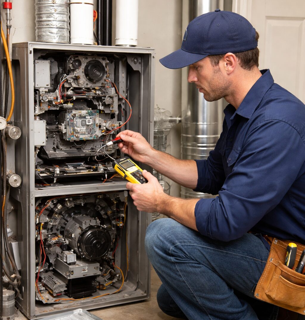 Technician completing furnace repair in Raleigh